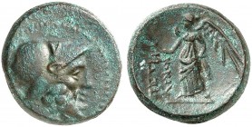 GRIECHISCHE MÜNZEN. BRUTTIUM. - Petelia. 
Bronze, 216-89 v. Chr. Areskopf / Nike.
SNG ANS 619; SNG München 1562 4,16 g grünbraune Patina, ss