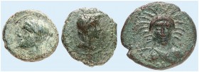 GRIECHISCHE MÜNZEN. SIZILIEN. - Leontinoi. 
Lot von 3 Stück: Bronzen, nach 210 v. Chr. Demeter / Sitzender Flußgott bzw. Ährenbündel, Menaion, Demete...