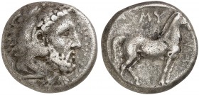 GRIECHISCHE MÜNZEN. KÖNIGREICH MAKEDONIEN. Amyntas III., 389 - 369 v. Chr. 
Didrachme. Herakleskopf / Pferd.
SNG Cop.512 8,60 g f. ss
