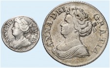EUROPA. ENGLAND. Anne, 1702-1714. 
Lot von 2 Stück: 2 Pence 1709, Shilling 1711.
S. 3597 A, 3618 f. ss