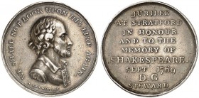 EUROPA. ENGLAND. George III., 1760-1820. 
Silbermedaille 1769 (von J. Westwood, 31,9 mm), auf William Shakespeare. Brustbild des Dichters / Schrift....