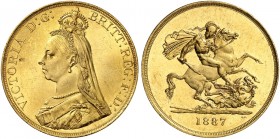 EUROPA. ENGLAND. Victoria, 1837-1901. 
5 Pounds 1887.
Friedb. 390, S. 3864, Schlumb. 339 Gold, Prachtexemplar ! winz. Kr., f. St