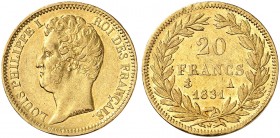 EUROPA. FRANKREICH. - Königreich. Louis Philippe I., 1830-1848. 
20 Francs à la tête nue 1831, A - Paris.
Friedb. 553a, Gad. 1030, Schlumb. 192 Gold...