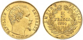 EUROPA. FRANKREICH. - Königreich. Napoleon III., 1852-1870. 
5 Francs à la tête nue 1854, A - Paris, petite module, glatter Rand.
Friedb. 578, Gad. ...