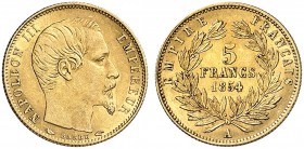 EUROPA. FRANKREICH. - Königreich. Napoleon III., 1852-1870. 
5 Francs à la tête nue 1854, A - Paris, petite module, geriffelter Rand.
Friedb. 578, G...