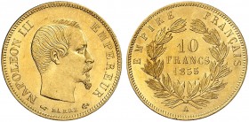 EUROPA. FRANKREICH. - Königreich. Napoleon III., 1852-1870. 
10 Francs à la tête nue 1855, A - Paris.
Friedb. 576a, Gad. 1014, Schlumb. 295 Gold vz ...