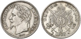 EUROPA. FRANKREICH. - Königreich. Napoleon III., 1852-1870. 
2 Francs à la tête laurée 1868, BB - Strasbourg.
Gad. 527 vz