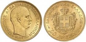 EUROPA. GRIECHENLAND. Georg I., 1863-1913. 
20 Drachmen 1884, Paris.
Friedb. 18, Divo 47, Schlumb. 9 Gold vz