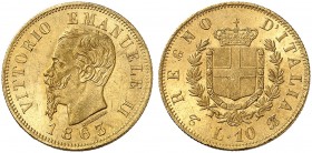 EUROPA. ITALIEN. - Königreich. Victor Emanuel II., 1861-1878. 
10 Lire 1863, Turin.
Friedb. 15, Pagani 477, Schlumb. 49 Gold vz+
