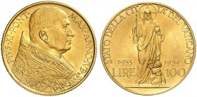 EUROPA. - VATIKAN. Pius XI., 1922-1939. 
100 Lire 1933/1934, ANNO IVB, Rom, auf das Hl. Jahr.
Friedb. 284, Munt. 2, Pagani 616, Schlumb. 172 Gold f....