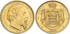 EUROPA. MONACO. Charles III., 1856-1889. 
100 Francs 1882, A - Paris.
Friedb. 11, Gad. 122, Schlumb. 3 Gold vz