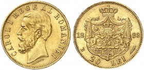 EUROPA. RUMÄNIEN. Karl I., 1866-1914. 
20 Lei 1883, Bukarest.
Friedb. 3, Schäffer / Stamb. 30, Schlumb. 4 Gold min. Rdf., f. vz