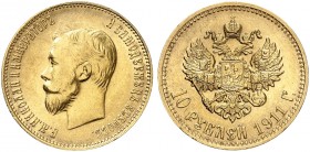 EUROPA. RUSSLAND. Nikolaus II., 1894-1917. 
10 Rubel 1911, St. Petersburg.
Friedb. 179, Uzd. 356, Bitkin 16, Schlumb. 214 Gold vz