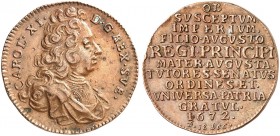 EUROPA. SCHWEDEN. Karl XI., 1672-1697. 
Bronzemedaille 1672 (von A. Karlstens, 26,1 mm), auf seinen Regierungsantritt. Brustbild / Schrift.
Hild. 33...