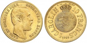 EUROPA. SCHWEDEN. Karl XV., 1859-1872. 
1 Karolin = 10 Francs 1868.
Friedb. 92, SM 10, Schlumb. 100 Gold winz. Rdf., vz