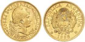 ÜBRIGES AUSLAND. ARGENTINIEN. - Republik seit 1816. 
5 Pesos (1 Argentino) 1883.
Friedb. 14, KM 31 Gold f. vz