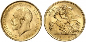 ÜBRIGES AUSLAND. AUSTRALIEN. George V., 1910-1936. 
1/2 Sovereign 1916, Sydney.
Friedb. 41, S.4009, Schlumb. 649 Gold f. St