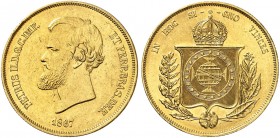 ÜBRIGES AUSLAND. BRASILIEN. Petrus II., 1831-1889. 
20 000 Reis 1867, Rio.
Friedb. 121a, KM 468 Gold kl. Rdf., vz