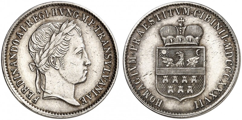 Ferdinand I., 1835-1848. 
Silberjeton 1837 (unsigniert, von J. D. Böhm, 20,4 mm...