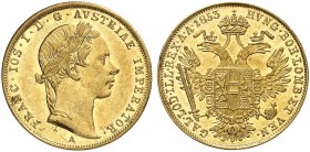 Franz Joseph I., 1848-1916. 
Dukat 1853, Wien.
Friedb. 490, Her. 76, Schlumb. 370 Gold min. Rdf., vz