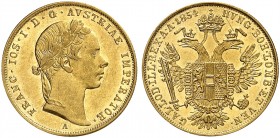 Franz Joseph I., 1848-1916. 
Dukat 1854, Wien.
Friedb. 490, Her. 77, Schlumb. 371 Gold kl. Kr., vz