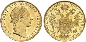 Franz Joseph I., 1848-1916. 
Dukat 1855, Wien.
Friedb. 490, Her. 78, Schlumb. 372 Gold kl. Rdf., vz