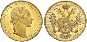Franz Joseph I., 1848-1916. 
Dukat 1858, Kremnitz.
Friedb. 232, Her. 88, Schlumb. 382 Gold, R ! f. Kr., vz / vz+