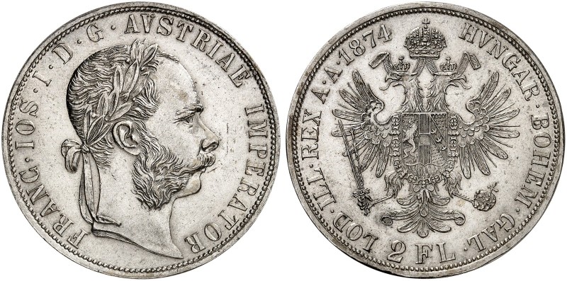 Franz Joseph I., 1848-1916. 
Doppelgulden 1874, Wien.
Thun 458, Dav. 27, Her. ...