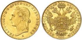 Franz Joseph I., 1848-1916. 
Dukat 1898, Wien, auf das 50-jährige Regierungsjubiläum.
Friedb. 489, Her. 71, Schlumb. 582 Gold vz