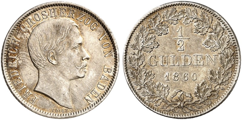 BADEN - DURLACH. Friedrich I., 1856-1907. 
1/2 Gulden 1860.
AKS 126, J. 75a sc...