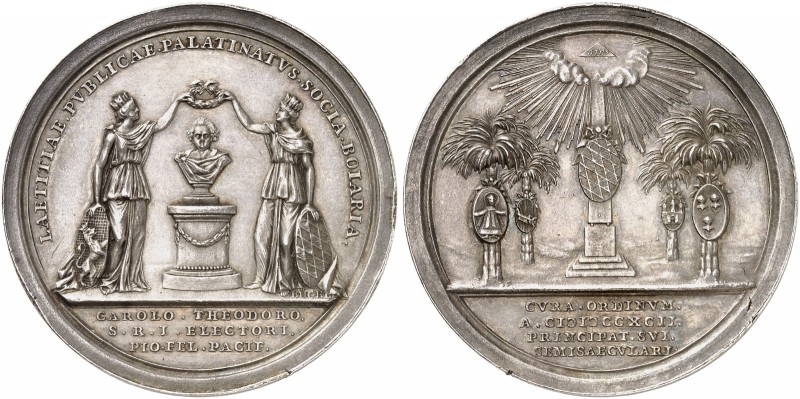 BAYERN. Karl Theodor, 1777-1799. 
Silbermedaille 1792 (von J. M. Bückle, 46,1 m...