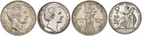 BAYERN. Maximilian II. Joseph, 1848-1864. 
Lot von 2 Stück: Doppelgulden 1855, "MARIENSÄULE", Ludwig II., Vereinstaler 1871, "SIEGES­TALER".
Thun 97...