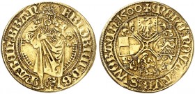 BRANDENBURG - FRANKEN. Friedrich IV. von Ansbach, 1495-1515. 
Goldgulden 1500, Schwabach.
Friedb. 306, v. Schr. 482 Var., Slg. Wilm. - Gold ss