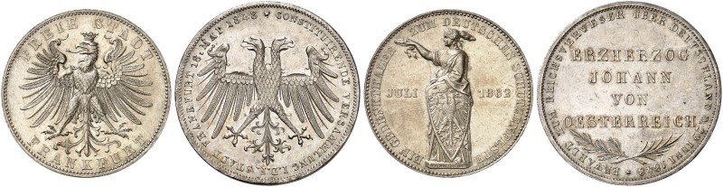 FRANKFURT. - Stadt. 
Lot von 2 Stück: Doppelgulden 1848, "ERZHERZOG JOHANN", Ve...