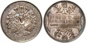 HAMBURG. - Stadt. 
Silbermedaille 1888 (von Lauer, 40,3 mm), auf die Silberhochzeit von Eduard Friedrich und Mary Elizabeth Weber. Helm über beider W...