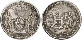 HESSEN - DARMSTADT. Ernst Ludwig, 1678-1739. 
1/2 Taler 1696, Gießen, Ausbeute der Grube Rother Gottesgabe.
Schütz 2816, Müs. 28.2/2 RR ! Hksp., ss...
