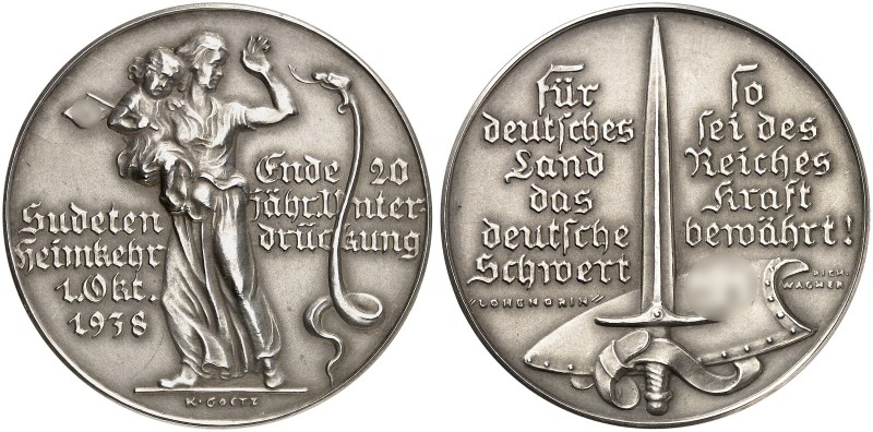 GOETZMEDAILLEN. 
Silbermedaille 1938 (36,1 mm), auf die Heimkehr des Sudetenlan...