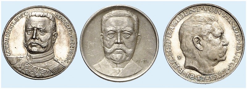 ZEITGESCHICHTE. 
Lot von 3 Stück: Paul von Hindenburg. Silbermedaille 1914 (von...