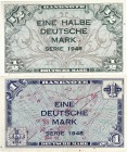 BUNDESREPUBLIK DEUTSCHLAND. 
Lot von 2 Scheinen: 1/2, 1 Deutsche Mark 1948.
Ros. 230, 232, Gra. WBZ-1, 2 kassenfrisch