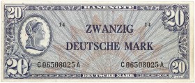 BUNDESREPUBLIK DEUTSCHLAND. 
20 Deutsche Mark o. D. (1948). Serie C - A.
Ros. 246, Gra. WBZ-9 stark gebraucht