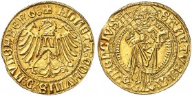 Goldgulden o. J. (1496-1506).
Friedb. 1801, Kellner 5, Slg. Erl. - Gold winz. ZE, vz