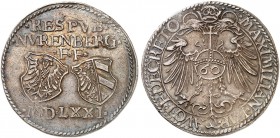 Guldentaler zu 60 Kreuzer 1571, mit Titel Maximilian II.
Dav. 82, Kellner 142, Slg. Erl. 208 schöne Patina, kl. Sfr., vz
