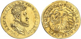 Goldgulden 1580, mit Brustbild und Titel Rudolph II.
Friedb. 1806, Kellner 17 (dieses Expl.), Slg. Erl. 236 (dieses Expl.)
Gold, RRR ! kl. Schürfste...