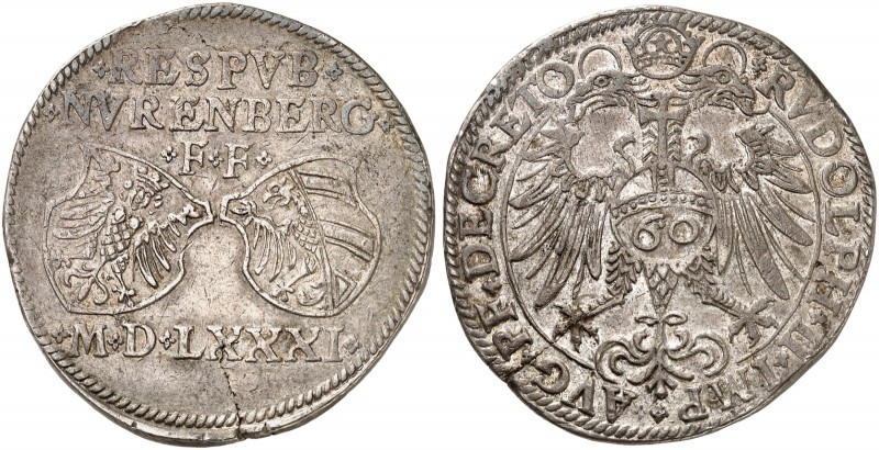 Guldentaler zu 60 Kreuzer 1581, mit Titel Rudolph II.
Dav. 84, Kellner 143, Slg...