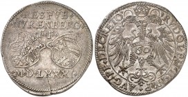 Guldentaler zu 60 Kreuzer 1581, mit Titel Rudolph II.
Dav. 84, Kellner 143, Slg. Erl. 251 kl. Schrötlingsriß, ss+