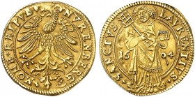 Goldgulden 1604, aus den Stempeln des Losungsgoldgulden.
Friedb. 1807, Kellner 415, Slg. Erl. 240 Gold, RR ! kl. Stempelfehler, ss - vz