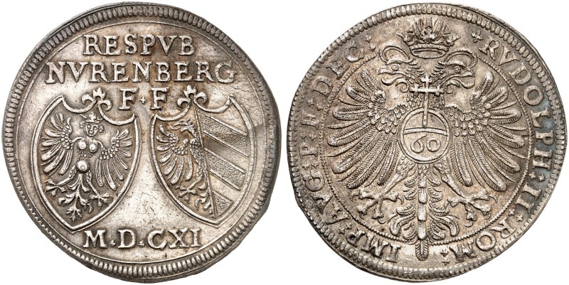 Guldentaler zu 60 Kreuzer 1611, mit Titel Rudolph II.
Dav. 89, Kellner 149, Slg...