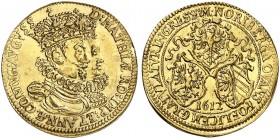 Goldgulden 1612, auf den Einzug des Kaiserpaares Matthias und Anna.
Friedb. 1809, Kellner 21, Slg. Erl. 294 Gold, R ! vz