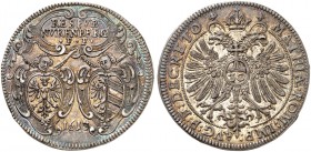 1/2 Guldentaler zu 30 Kreuzer 1613, mit Titel Matthias.
Kellner 161, Slg. Erl. 316 schöne Patina, f. St