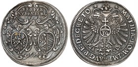 1/2 Guldentaler zu 30 Kreuzer 1614, mit Titel Matthias.
Kellner 161, Slg. Erl. 317 gestopftes Loch, manipulierter Rand, ss+